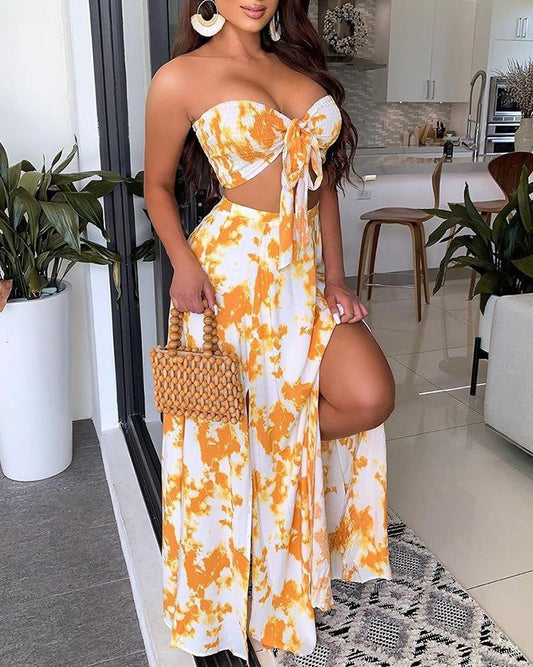 Sexy Bandeau Printed Crop Top and Long Skirt Two-piece Set