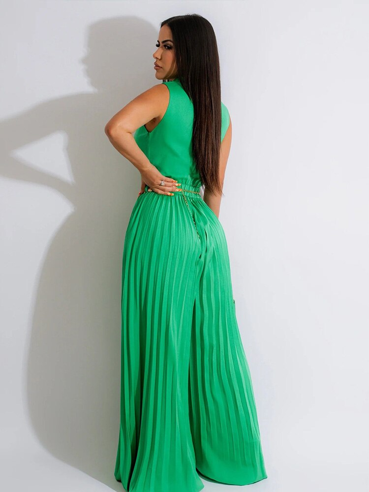 Casual V-neck Pleated Loose Wide Leg Jumpsuit