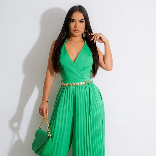 Casual V-neck Pleated Loose Wide Leg Jumpsuit