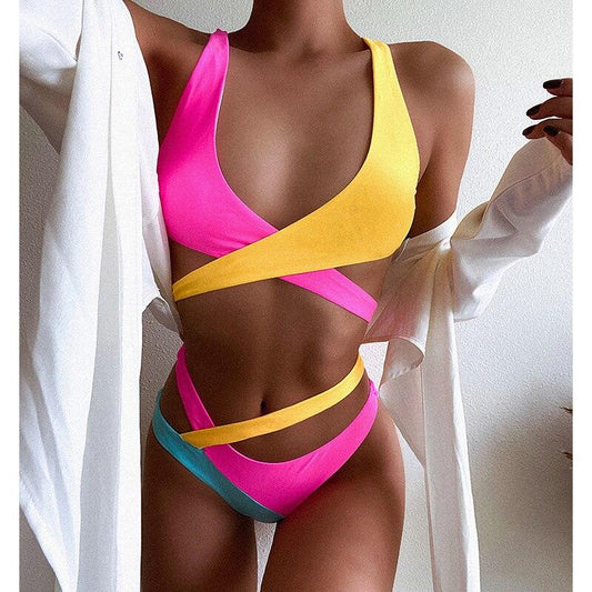 Patchwork Push Up Bandage Hollow Out Swimsuit