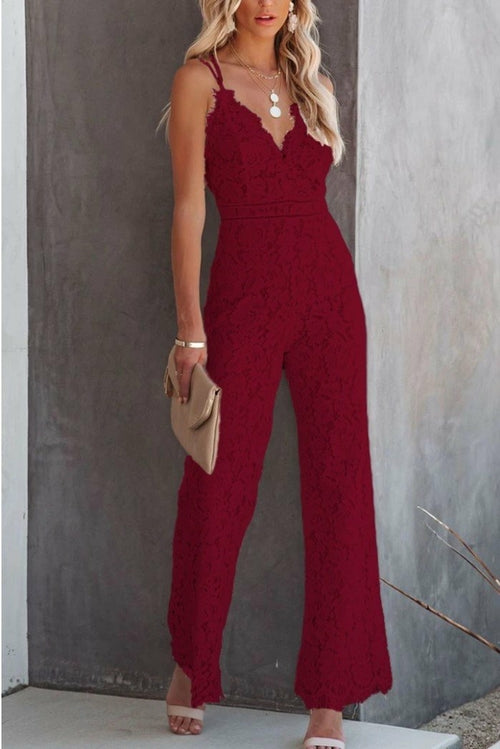 Women's Casual Lace Sleeve Solid Skinny Jumpsuit
