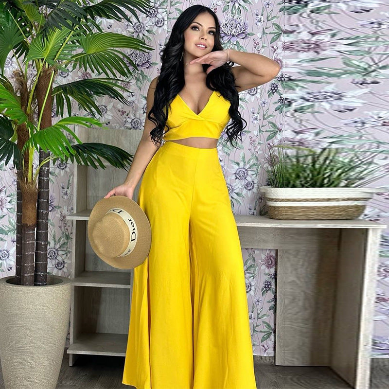 Two-Piece Solid Color Tank Top and High-Waist Wide Leg Pants Casual