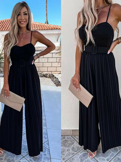 Solid Pleated Jumpsuit Loose Wide Leg Beach Romper Overall